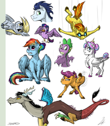 Size: 1300x1500 | Tagged: safe, artist:shimazun, derpy hooves, discord, princess flurry heart, rainbow dash, scootaloo, soarin', spike, spitfire, twilight sparkle, bird, pony, g4, birdified, chest fluff, ear fluff, falling, sketch, sketch dump, species swap