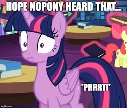 Size: 588x500 | Tagged: safe, edit, edited screencap, screencap, apple bloom, twilight sparkle, alicorn, pony, g4, the fault in our cutie marks, cutie mark, embarrassed, fart, fart noise, female, filly, image macro, meme, the cmc's cutie marks, twilight fartle, twilight sparkle (alicorn)