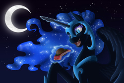 Size: 5000x3356 | Tagged: safe, artist:anadukune, nightmare moon, g4, absurd resolution, drool, female, food, magic, moon, night, open mouth, ponies eating meat, sandwich, solo, telekinesis