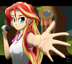 Size: 4236x3730 | Tagged: safe, artist:discorded-joker, sunset shimmer, equestria girls, g4, my little pony equestria girls: legend of everfree, clothes, duet, female, high res, human coloration, looking at you, microphone, solo, t-shirt, take my hand