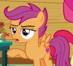 Size: 548x499 | Tagged: safe, screencap, apple bloom, scootaloo, earth pony, pegasus, pony, g4, the fault in our cutie marks, animated, clubhouse, cropped, crusaders clubhouse, cutie mark, female, filly, foal, gif, loop, raised hoof, spread wings, talking, the cmc's cutie marks, wings