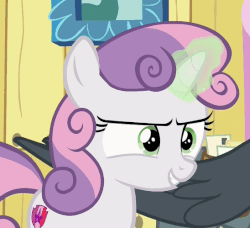 Size: 548x499 | Tagged: safe, screencap, sweetie belle, g4, the fault in our cutie marks, animated, cropped, cutie mark, evil, evil eyes, evil grin, female, gif, glowing horn, green magic, horn, loop, magic, magic aura, sweetie belle's magic brings a great big smile, the cmc's cutie marks