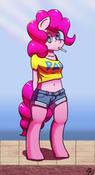 Size: 1200x2200 | Tagged: safe, artist:mopyr, pinkie pie, earth pony, anthro, unguligrade anthro, g4, belly button, candy, clothes, daisy dukes, female, food, lollipop, midriff, short shirt, shorts, solo, t-shirt