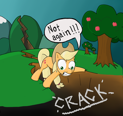 Size: 1662x1569 | Tagged: safe, artist:runbowdash, applejack, earth pony, pony, g4, apple tree, fault, female, fissure, mare, not again, ravine, solo, tree