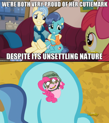 Size: 1280x1444 | Tagged: safe, edit, edited screencap, screencap, apple bloom, mr. paleo, mrs. paleo, petunia paleo, pinkie pie, g4, the fault in our cutie marks, /k/, check em, cutie mark, meme, petunia paleo's unsettling cutie mark, zergface