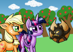 Size: 1400x1000 | Tagged: safe, artist:sallindaemon, applejack, twilight sparkle, alicorn, pony, g4, applejack's hat, cowboy hat, hat, monster, twilight sparkle (alicorn)