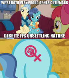 Size: 908x1024 | Tagged: safe, apple bloom, mr. paleo, mrs. paleo, petunia paleo, g4, cutie mark, exploitable meme, feminism, feminism sign, meme, petunia paleo's unsettling cutie mark, this will end in tears