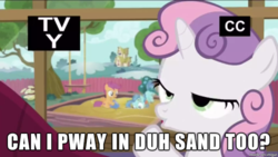 Size: 610x343 | Tagged: safe, edit, edited screencap, screencap, petunia paleo, scootaloo, sweetie belle, pony, g4, my little pony: friendship is magic, the fault in our cutie marks, meme, sandbox, swing