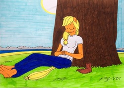 Size: 2191x1550 | Tagged: safe, artist:killerteddybear94, applejack, anthro, plantigrade anthro, g4, against tree, barefoot, boots, crossed legs, feet, female, grass, hands together, lake, nap, side ponytail, sleeping, solo, sun, traditional art, tree, under the tree