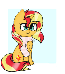 Size: 1081x1233 | Tagged: safe, artist:oreocat472, sunset shimmer, pony, unicorn, g4, clothes, female, scarf, simple background, sitting, solo