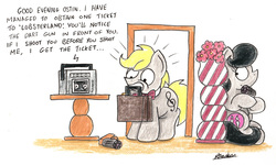 Size: 2395x1433 | Tagged: safe, artist:bobthedalek, oc, oc only, oc:mixed melody, oc:octavia's father, oc:octavia's mother, oc:ostinato melody, earth pony, pony, bowtie, briefcase, cassette player, dart gun, female, hiding, husband and wife, male, mare, mouth hold, stallion, tape recorder, traditional art