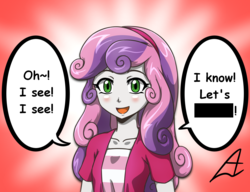 Size: 1300x1000 | Tagged: safe, artist:acesrockz, sweetie belle, equestria girls, g4, beep, censored, clothes, dialogue, exclamation point, looking at you, open mouth, speech bubble, tilde