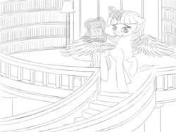 Size: 1024x768 | Tagged: safe, artist:novaintellus, twilight sparkle, alicorn, pony, g4, book, bookshelf, magic, monochrome, solo, twilight sparkle (alicorn)