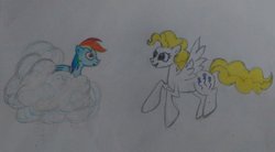 Size: 900x497 | Tagged: safe, artist:ravagexeno, rainbow dash, surprise, g4, cloud, traditional art