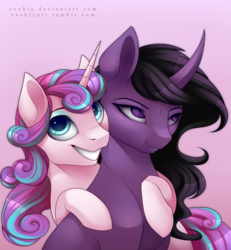 Size: 1824x1977 | Tagged: safe, artist:evehly, princess flurry heart, oc, oc:shadow caster, g4, :t, annoyed, cousins, curved horn, cute, duo, eyeshadow, grin, happy, horn, hug, looking at you, makeup, offspring, older, parent:king sombra, parent:twilight sparkle, parents:twibra, scrunchy face, sitting, smiling, squee