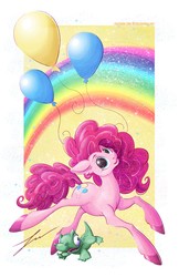 Size: 3300x5100 | Tagged: safe, artist:jessicavernell, gummy, pinkie pie, g4, absurd resolution, balloon, rainbow, then watch her balloons lift her up to the sky, unshorn fetlocks