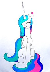 Size: 2210x3168 | Tagged: safe, artist:killerteddybear94, princess celestia, alicorn, pony, g4, alternate hairstyle, cheerful, cute, cutelestia, daaaaaaaaaaaw, eyes closed, female, grin, heart, high res, mare, missing accessory, multicolored mane, multicolored tail, ponytail, raised hoof, sitting, smiling, solo, traditional art