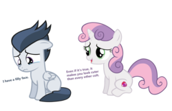 Size: 2700x1750 | Tagged: source needed, useless source url, safe, artist:lunaticdawn, rumble, sweetie belle, g4, colt, crying, cutie mark, dialogue, female, filly, insecure, male, sad, ship:rumbelle, shipping, simple background, straight, the cmc's cutie marks, transparent background, vector