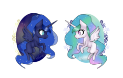 Size: 1024x653 | Tagged: safe, artist:19kitten98, princess celestia, princess luna, g4, chibi, flying, missing cutie mark