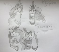 Size: 1024x904 | Tagged: safe, artist:angela-ross, princess celestia, princess luna, g4, coffee, comic, grayscale, luna found the coffee, magic, milkshake, monochrome, telekinesis, traditional art, wide eyes