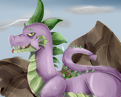 Size: 5000x4000 | Tagged: safe, artist:sunshinejoyyt, spike, dragon, g4, male, mountain, older, solo