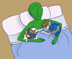Size: 1100x900 | Tagged: safe, artist:ononim, oc, oc only, oc:anon, oc:homage, oc:littlepip, oc:velvet remedy, human, pony, unicorn, fallout equestria, anon gets all the mares, anon the lesbian converter, bed, cuddling, eyes closed, female, hetero littlepip, hug, lucky bastard, male, mare, simple background, size difference, sleeping, smiling, wavy mouth