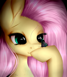 Size: 1600x1846 | Tagged: safe, artist:ariochwolf, fluttershy, butterfly, pegasus, pony, g4, bust, chest fluff, female, hoof hold, looking at something, mare, portrait, solo