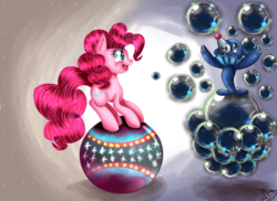 Size: 960x697 | Tagged: dead source, safe, artist:sayonaramisse, pinkie pie, popplio, g4, ball, bubble, crossover, pokémon, pokémon sun and moon