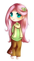 Size: 1410x2494 | Tagged: safe, artist:divine-princess, fluttershy, human, g4, barefoot, clothes, cute, feet, female, humanized, long skirt, scarf, shirt, simple background, skirt, solo, transparent background