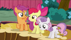 Size: 568x322 | Tagged: safe, screencap, apple bloom, mr. paleo, mrs. paleo, petunia paleo, scootaloo, sweetie belle, g4, season 6, the fault in our cutie marks, animated, cutie mark, cutie mark crusaders, derp, discovery family logo, faic, female, gif, i didn't listen, laughing, meme, pirate, pirate costume, smiling, spiny back ponysaurus, sword, the cmc's cutie marks, weapon