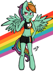 Size: 900x1200 | Tagged: safe, artist:honowyn, rainbow dash, pegasus, anthro, unguligrade anthro, g4, belly button, clothes, female, grin, midriff, smiling, solo, sports bra, sports shorts, spread wings