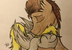 Size: 1024x713 | Tagged: safe, artist:monochromepony625, derpy hooves, doctor whooves, time turner, pegasus, pony, g4, eyes closed, female, male, mare, ship:doctorderpy, shipping, snuggling, straight, traditional art