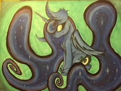 Size: 1024x768 | Tagged: safe, artist:monochromepony625, princess luna, g4, bloodshot eyes, female, sitting, solo, traditional art, unshorn fetlocks