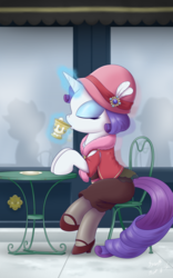 Size: 1024x1638 | Tagged: safe, artist:sycotei-b, rarity, pony, unicorn, g4, cafe, chair, clothes, coffee, cup, drinking, eyes closed, female, magic, open mouth, pearl necklace, plate, sitting, solo, table