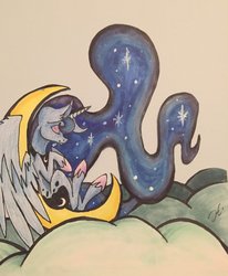 Size: 1024x1241 | Tagged: safe, artist:monochromepony625, princess luna, g4, cloud, eyes closed, female, moon, solo, tangible heavenly object, traditional art