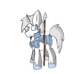 Size: 974x936 | Tagged: artist needed, safe, oc, oc only, oc:silver spark, pony, blue eyes, male, royal guard, royal guard armor, solo, spear, stallion, weapon