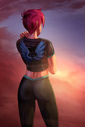 Size: 900x1350 | Tagged: safe, artist:eve-ashgrove, artist:vest, scootaloo, human, g4, female, humanized, older, solo, sunset