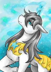 Size: 500x707 | Tagged: safe, artist:sulbipage, oc, oc:silver spark, pony, blue eyes, magic, male, royal guard, royal guard armor, stallion