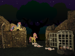 Size: 5152x3864 | Tagged: safe, artist:malte279, bon bon, fluttershy, sweetie drops, bat pony, pony, g4, cage, craft, flutterbat, origami, playmobil, race swap, special agent, trap (device)