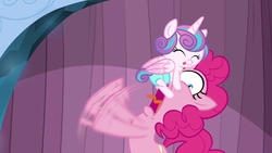 Size: 1280x720 | Tagged: safe, screencap, pinkie pie, princess flurry heart, pony, g4, the crystalling, baby, diaper, non-consensual nuzzling, princess facehugger