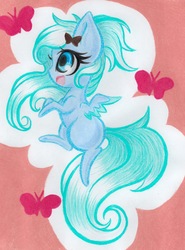 Size: 2950x3984 | Tagged: safe, artist:emberslament, oc, oc only, oc:amaranthine sky, pegasus, pony, chibi, flying, hair bow, high res, prismacolors, traditional art