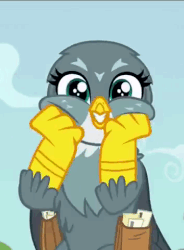 Size: 353x480 | Tagged: safe, screencap, gabby, griffon, g4, the fault in our cutie marks, animated, cute, female, gabbybetes, gif, happy, open mouth, reaction image, smiling, solo, squishy cheeks