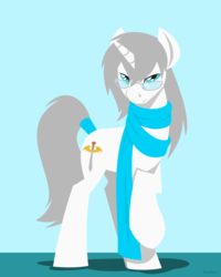 Size: 1280x1600 | Tagged: safe, artist:hoverrover, oc, oc only, oc:silver spark, pony, unicorn, blue eyes, clothes, glasses, hooves, horn, lineless, male, raised hoof, scarf, solo, stallion, tail wrap