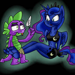 Size: 2952x2952 | Tagged: safe, artist:gagpal3, princess luna, spike, alicorn, dragon, anthro, plantigrade anthro, g4, ankle tied, ass, barefoot, bedroom eyes, belly button, black background, bondage, breasts, butt, clothes, duo, feather, feet, fetish, fingerless gloves, foot fetish, gloves, green outline, high res, imminent tickles, midriff, open mouth, shorts, simple background, sports bra, sports shorts, tongue out