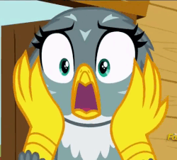 Size: 534x480 | Tagged: safe, screencap, gabby, griffon, the fault in our cutie marks, animated, cute, female, gabbybetes, gasp, gif, reaction image, sad, shocked, solo, surprised
