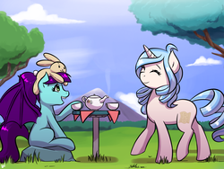 Size: 2800x2100 | Tagged: safe, artist:elzielai, oc, oc only, bat pony, pony, rabbit, unicorn, duo, food, high res, plushie, tea