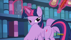 Size: 1920x1080 | Tagged: safe, screencap, twilight sparkle, alicorn, pony, season 6, the fault in our cutie marks, book, butt, discovery family logo, female, library, lidded eyes, looking at you, looking back at you, looking over shoulder, magic, mare, out of context, parchment, plot, quill pen, smiling, solo, spread wings, telekinesis, that pony sure does love books, twibutt, twilight sparkle (alicorn), twilight's castle, twilight's castle library