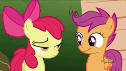 Size: 848x480 | Tagged: safe, screencap, apple bloom, scootaloo, earth pony, pony, g4, my little pony: friendship is magic, the fault in our cutie marks, gif, non-animated gif, reaction image, unamused