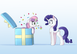 Size: 1977x1396 | Tagged: safe, artist:vanillaghosties, rarity, sweetie belle, pony, unicorn, g4, birthday candles, bow, box, candle, confetti, cupcake, cute, diasweetes, female, filly, food, gradient background, magic, mare, party horn, pony in a box, present, smiling, surprised, sweetie belle's magic brings a great big smile, telekinesis, unexpected