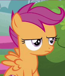 Size: 407x480 | Tagged: safe, screencap, scootaloo, pony, g4, the fault in our cutie marks, female, gif, non-animated gif, reaction image, scootaloo is not amused, solo, unamused
